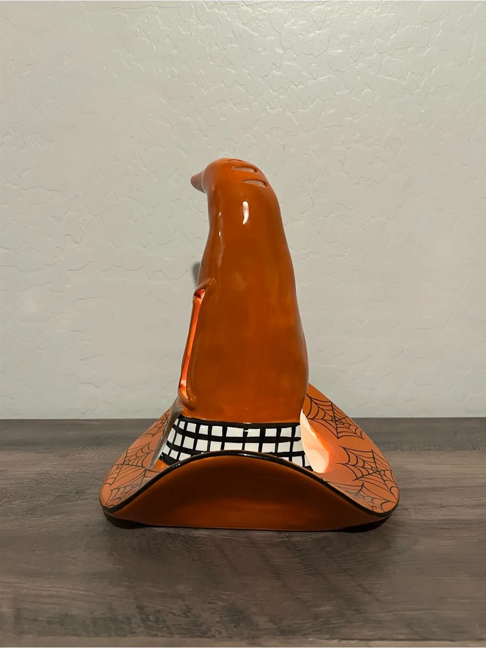 Blue Sky October 31 Orange Spider Web Witch Hat Ceramic Halloween Candle Holder